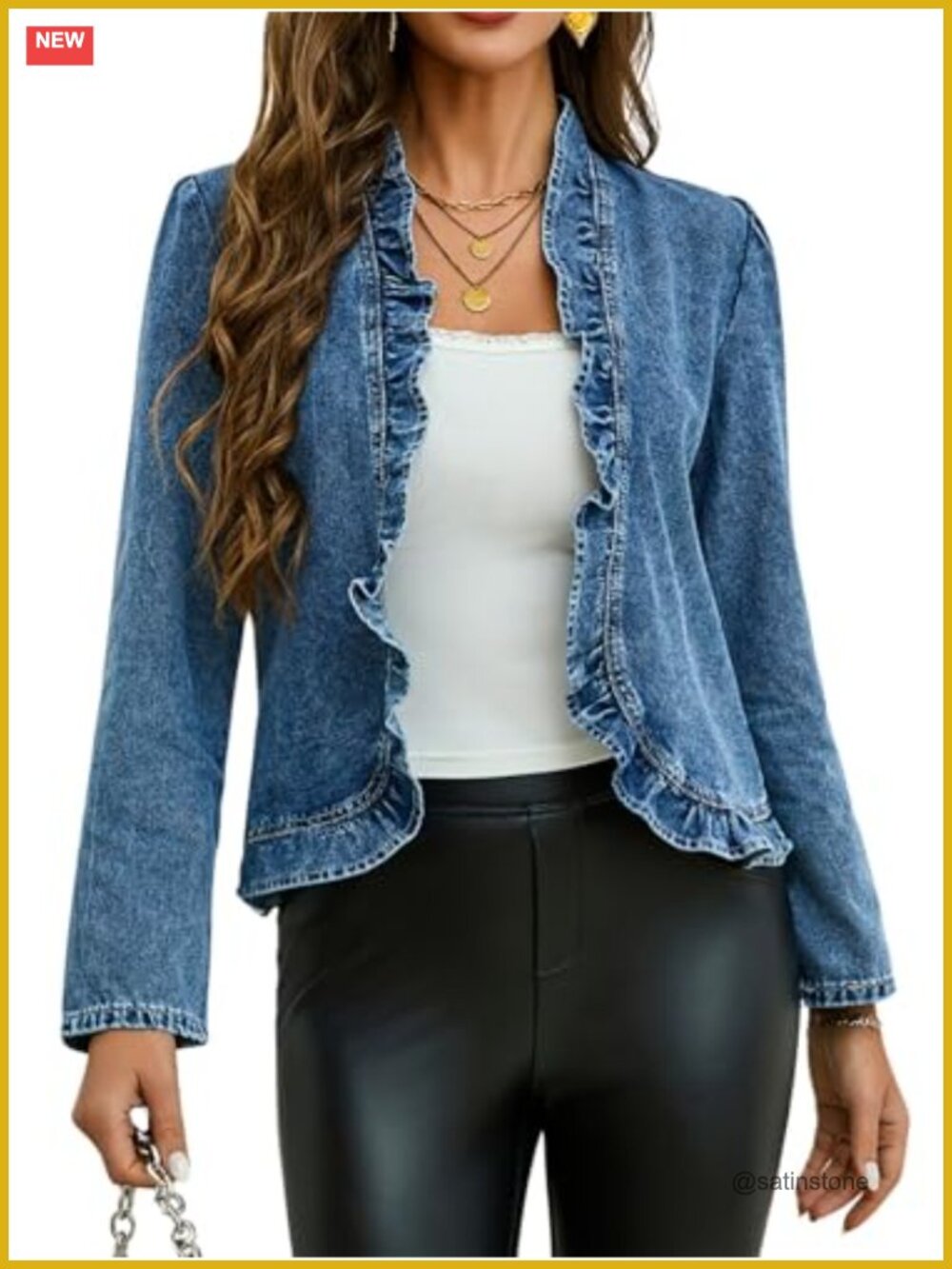 Cropped Denim Jacket Long Sleeve Ruffled Edge Open Front Women